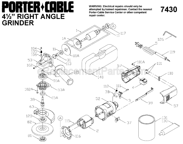Page A Diagram and Parts List for 7430  Porter Cable Angle Grinder
